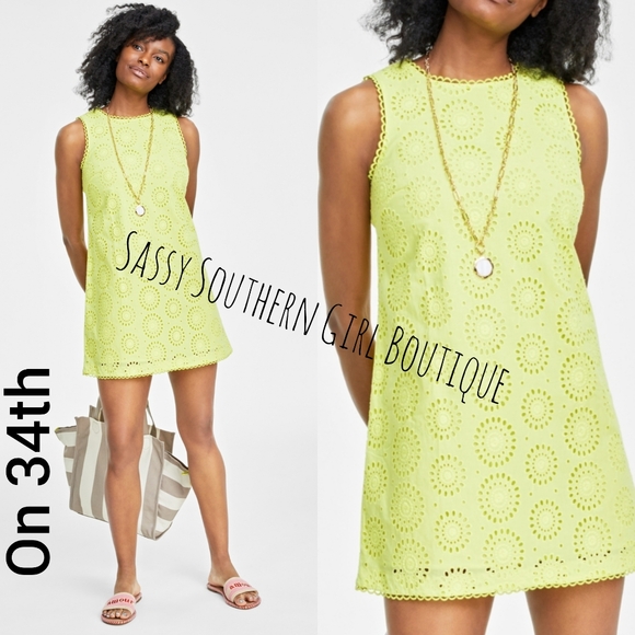 🆕⭐ On 34th By Macy's Neon Yellow Green Eyelet Mini Dress - Picture 1 of 15